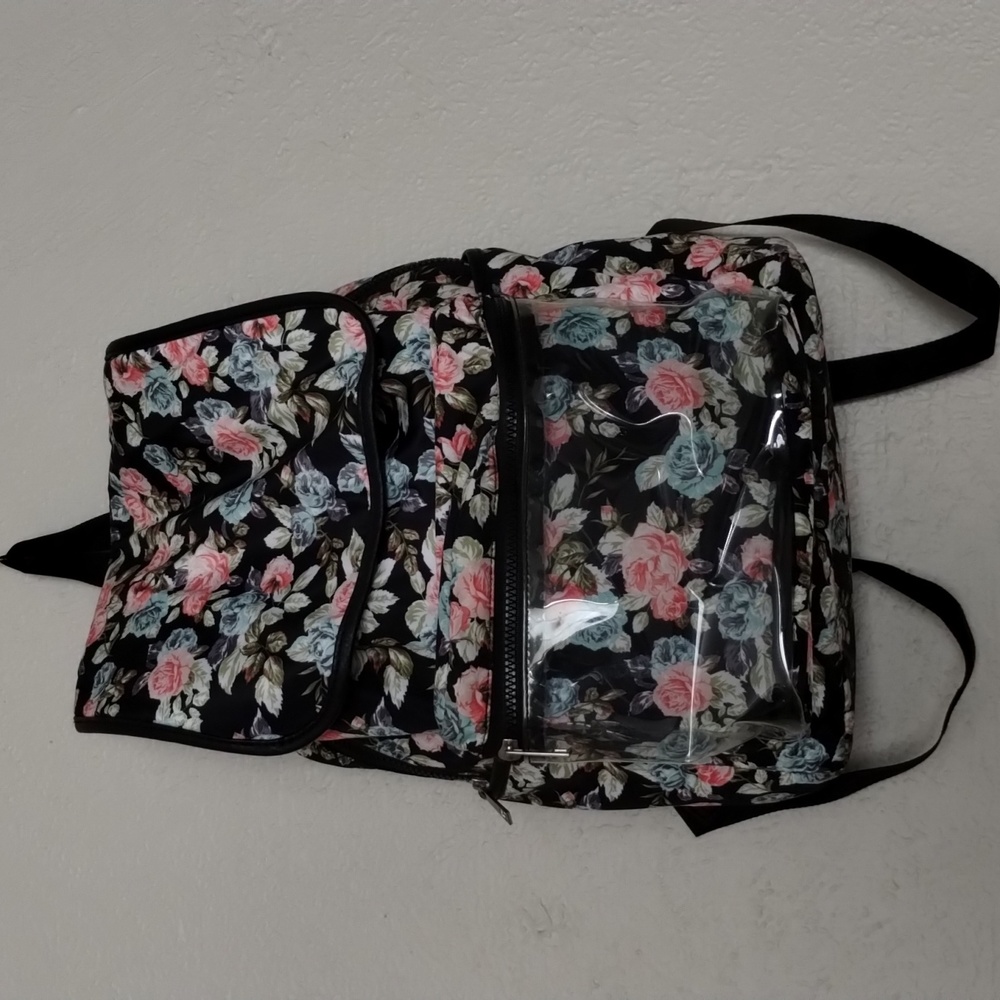Pink blue and black flower backpack